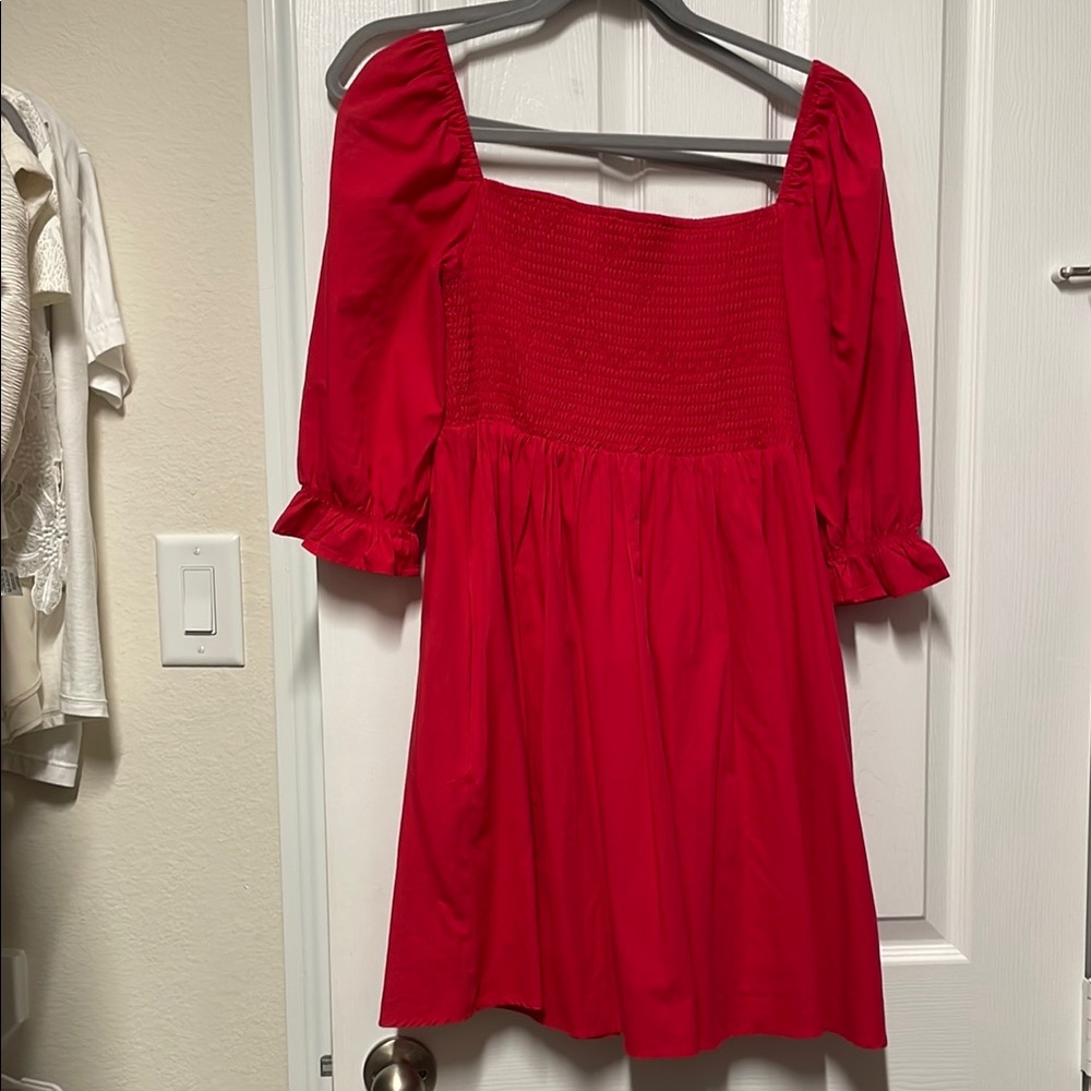 Red Smocked Square Neck Dress